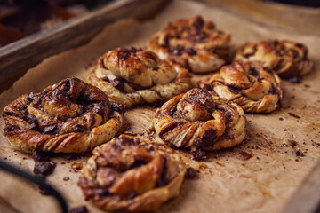Cinnabon with chocolate as cake food concept. Close up view