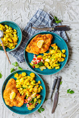 Hausgemachtes paniertes deutsches Weiner Schnitzel mit Kartoffeln

