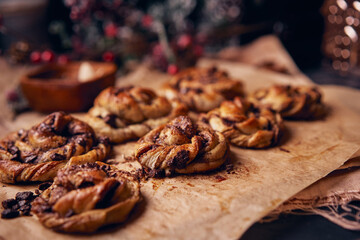 Cinnabon with chocolate as cake food concept. Close up view