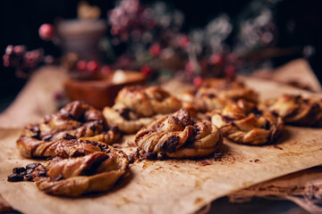 Cinnabon with chocolate as cake food concept. Close up view
