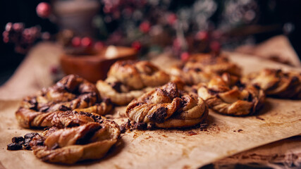 Cinnabon with chocolate as cake food concept. Close up view