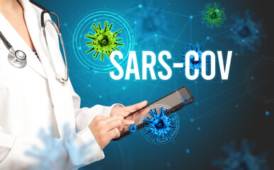 doctor prescribes a prescription with SARS-CoV inscription, pandemic concept