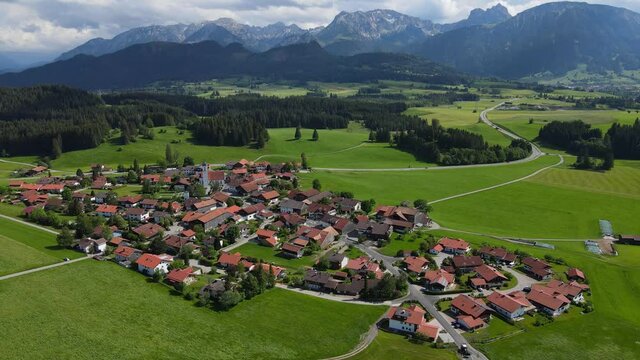 The village of Eisenberg in Bavaria Allgau in the German Alps. Aerial view