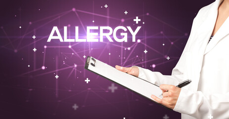 Doctor fills out medical record with ALLERGY inscription, medical concept