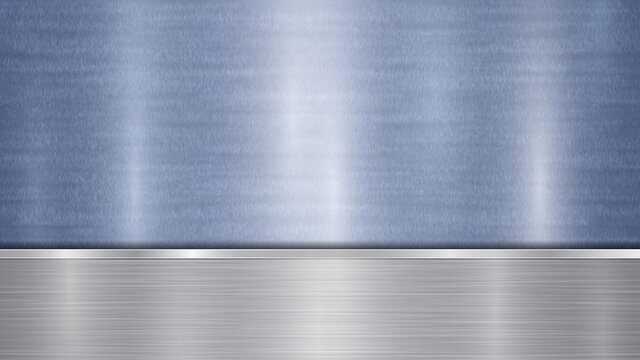 Background consisting of a blue shiny metallic surface and one horizontal polished silver plate located below, with a metal texture, glares and burnished edges