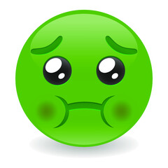 Nauseated emoji with green face. Disgust emoticon open eyes. Vector design illustration. Physical illness or general disgust.