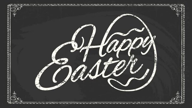 black and white happy easter sign with thin chalk lettering and decorated egg graphic on chalkboard