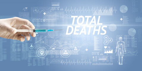 Syringe needle with virus vaccine and TOTAL DEATHS inscription, antidote concept