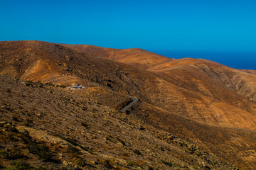 Landscape of Panoramic vulcanic mountains and Atlantic Ocean ,  dunes of coralejo and Gran Tarajal Port in Fuerteventura, Lanzarote 
