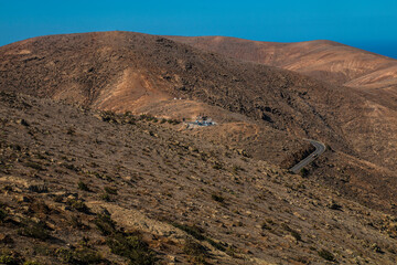 Landscape of Panoramic vulcanic mountains and Atlantic Ocean ,  dunes of coralejo and Gran Tarajal Port in Fuerteventura, Lanzarote 