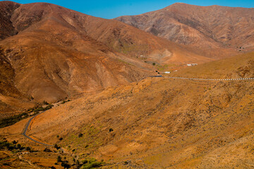 Landscape of Panoramic vulcanic mountains and Atlantic Ocean ,  dunes of coralejo and Gran Tarajal Port in Fuerteventura, Lanzarote 