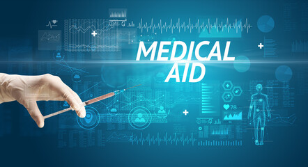 Syringe needle with virus vaccine and MEDICAL AID inscription, antidote concept