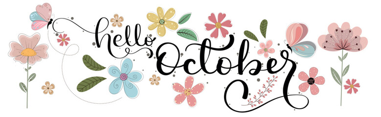 Hello October. OCTOBER month vector with flowers and leaves. Decoration floral. Illustration month October   © Luchelle