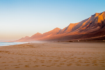 Landscape of Panoramic vulcanic mountains and Atlantic Ocean ,  dunes of coralejo and Gran Tarajal Port in Fuerteventura, Lanzarote 