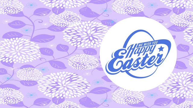 cheerful easter fluorescent insignia with old-fashioned writing on white curve floating over golden scene decorated with flowers