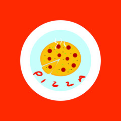 Pizza flat icon in cartoon style salami and olives  on blue and white round circle vector illustration isolated on orange background