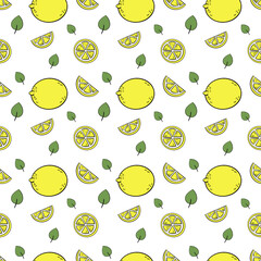 Cute seamless vector pattern with yellow lemons and lemon slices. Perfect for fabric or wallpaper. Fresh summer illustrtion.