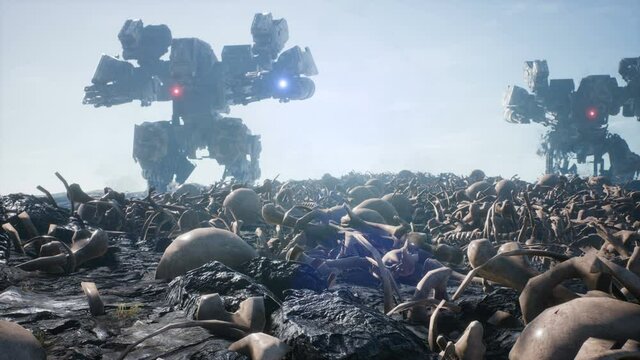 Military mech are walking on a battlefield covered with human bones and skulls. The concept of the future Apocalypse. Animation for military, futuristic, or fantasy backgrounds.