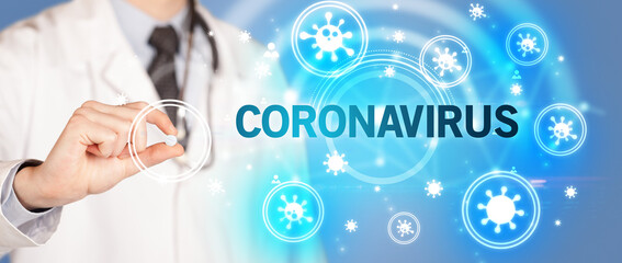 Doctor giving pill with CORONAVIRUS inscription, coronavirus concept