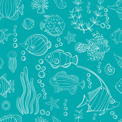 Tropical fish and underwater plants seamless pattern. Ocean sea seamles. - 357954969