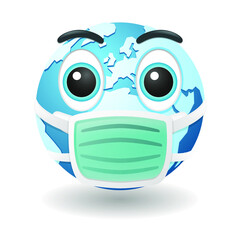 Medical Mask World Globe Emoji Vector art illustration design. Earth Emoticon expression graphic round. Avatar kawaii style.