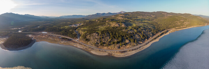 Drone aerial footage of Marsh Lake in northern Canada, Yukon Territory. Headwaters to the Yukon...