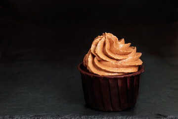 Delicious birthday cupcake with chocolate  cream. Selective focus.