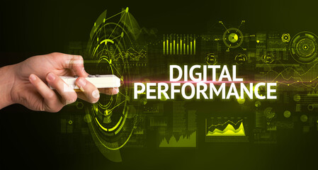 hand holding wireless peripheral with DIGITAL PERFORMANCE inscription, modern technology concept