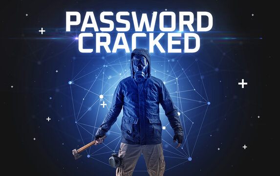 Mysterious hacker with PASSWORD CRACKED inscription, online attack concept inscription, online security concept