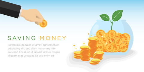 Saving money concept banner background. Pile of gold coins in front of glass jar with green plant growing from money. Hand dropping gold dollar coin. Flat design vector illustration.