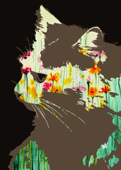 Cat face silhouette filled with watercolor flower field. Negative space art. Spring concept. Digital illustration and handmade watercolor painting.