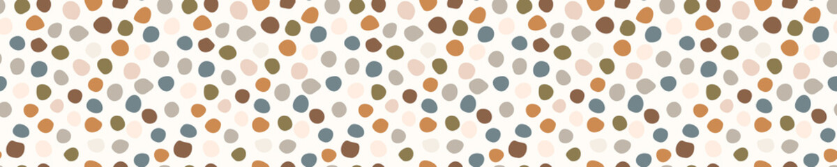 Seamless background confetti banner. Gender neutral baby pattern. Simple whimsical minimal earthy 2 tone color. Kids nursery sprinkles border or boho fashion tribbon trim © Limolida Studio