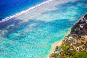 Naklejka na ściany i meble Rarotonga breathtaking stunning views from a plane of beautiful beaches, white sand, clear turquoise water, blue lagoons, Cook islands, Pacific islands