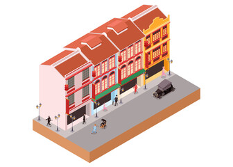 Isometric Vector Illustration Representing Old Classic Colonial Buildings as Stores in China Town Area