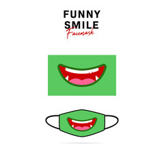 Funny face mask design with cute green orge goblin monster open big smile with sharp teeth vector illustration