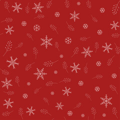 Christmas symbols and snowflakes red color seamless pattern background. Vector Illustration.