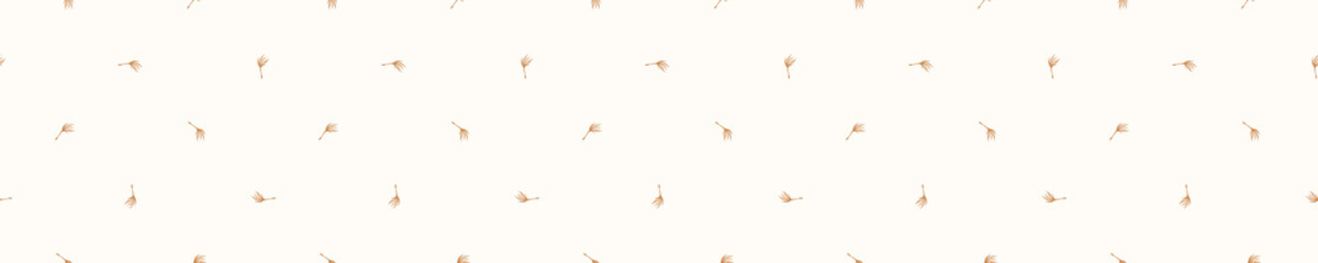 Seamless background dandelion seed banner. Gender neutral baby pattern. Simple whimsical minimal earthy 2 tone color. Kids nursery flower border or boho fashion tribbon trim © Limolida Studio