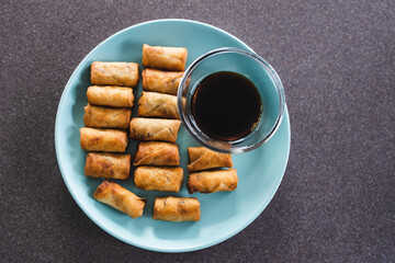 plant-based food, vegan spring rolls with soy sauce