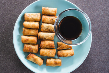 plant-based food, vegan spring rolls with soy sauce