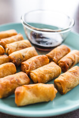 plant-based food, vegan spring rolls with soy sauce