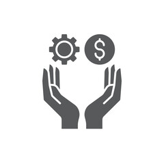 Hands holding gear and money vector icon symbol isolated on white background