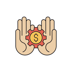 Hands holding gear and money vector icon symbol isolated on white background
