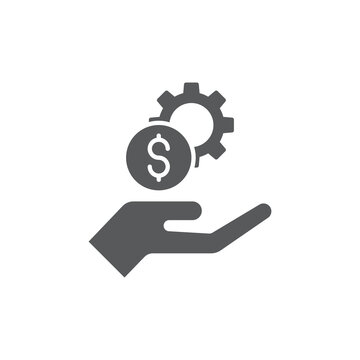 Hands holding gear and money vector icon symbol isolated on white background