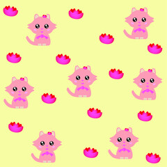 cat pattern with flowers in pink