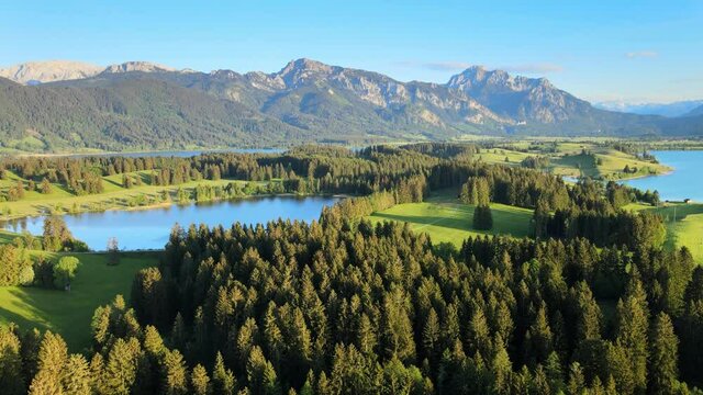 Aerial view over Lake Forggensee at the city of Fuessen in Bavaria Germany