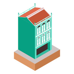 Isometric Vector Illustration Representing Old Classic Colonial Style Green Building as Shop in China Town Area