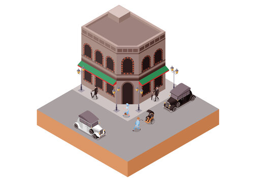 Isometric Vector Illustration Old Classic Vintage European Style Building as Bar or Cafe on the Corner of Street