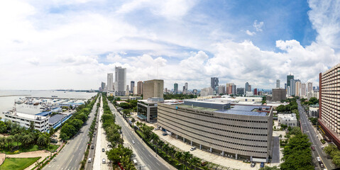 Manila, Philippines - June 2020: Fisheye panoramic aerial of Roxas Boulevard, Manila Skyline and...