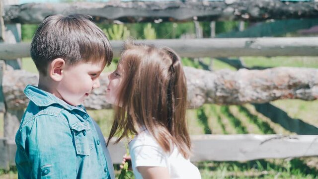 Boy present the flowers to the girl. Girl is kissing the boy. Brother and sister have fun. Twins spend time together. Summer holiday.