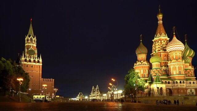 Moscow kremlin and st basils cathedral at night
